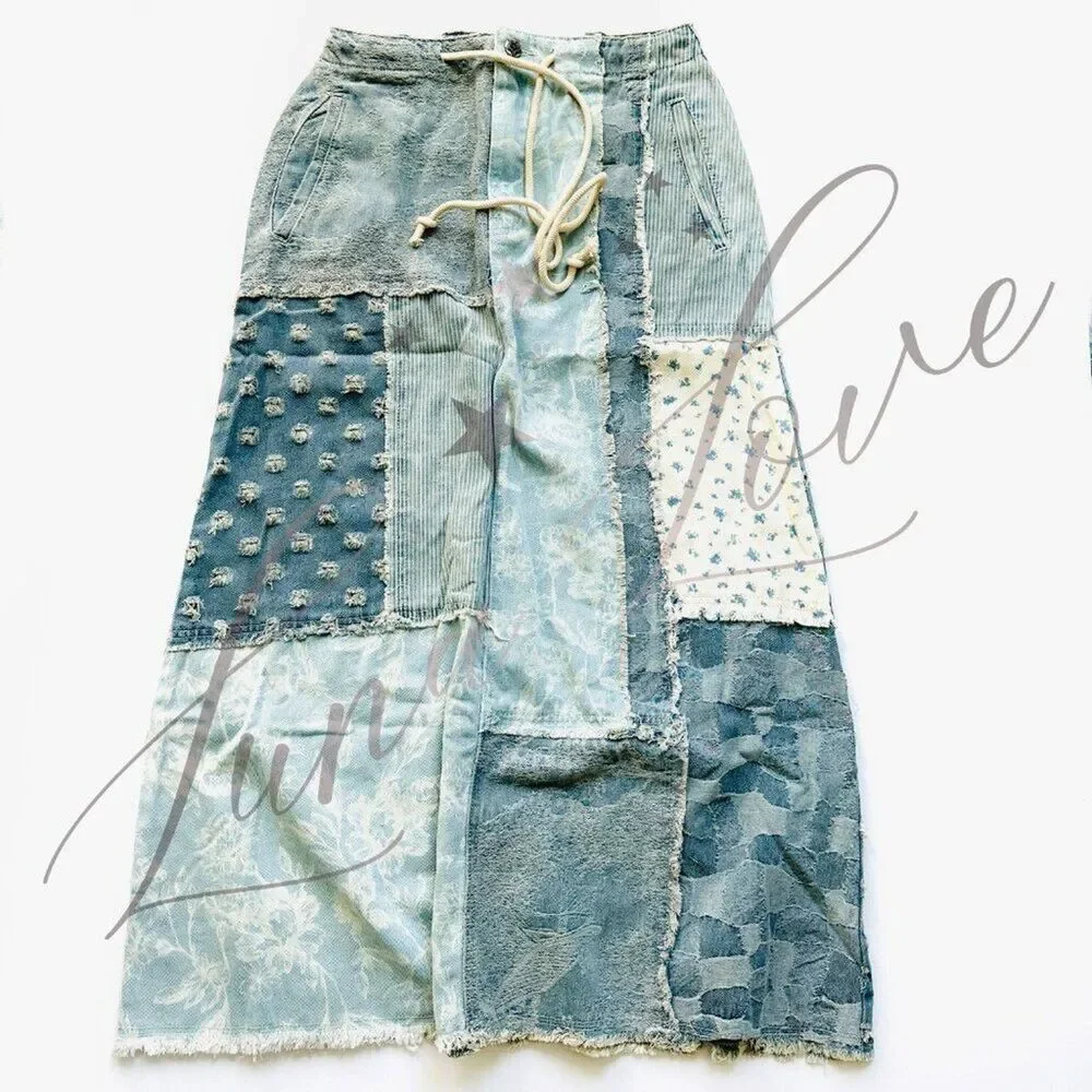 POL Clothing Floral Pattern Denim Patchwork Maxi Skirt (M & L) NEW! - Picture 3 of 11